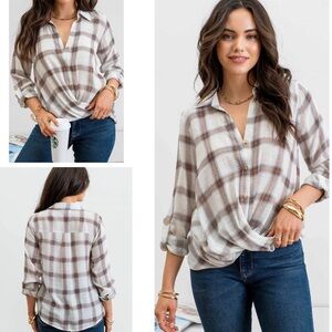 Plaid Button-Up Twist Top